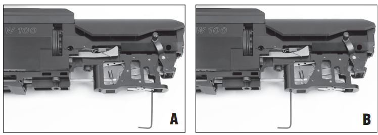 HW 100 X Bull-Pup trigger adjustment close-up showing screw A for travel to let-off point and screw B for trigger weight