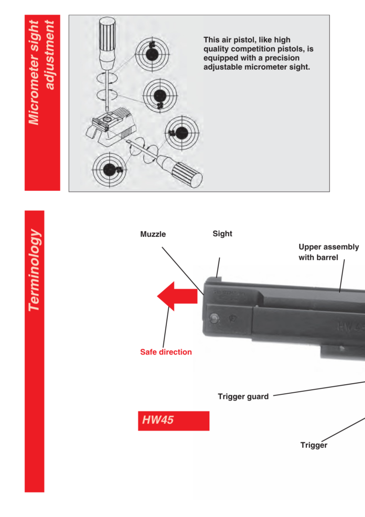 HW 45 micrometer sight adjustment diagram showing how sight turns shift point of impact on target